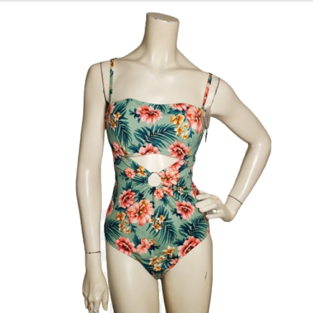 Shade & Shore One Piece Swimsuit Women's 36B Green Coral Tropical Floral NEW